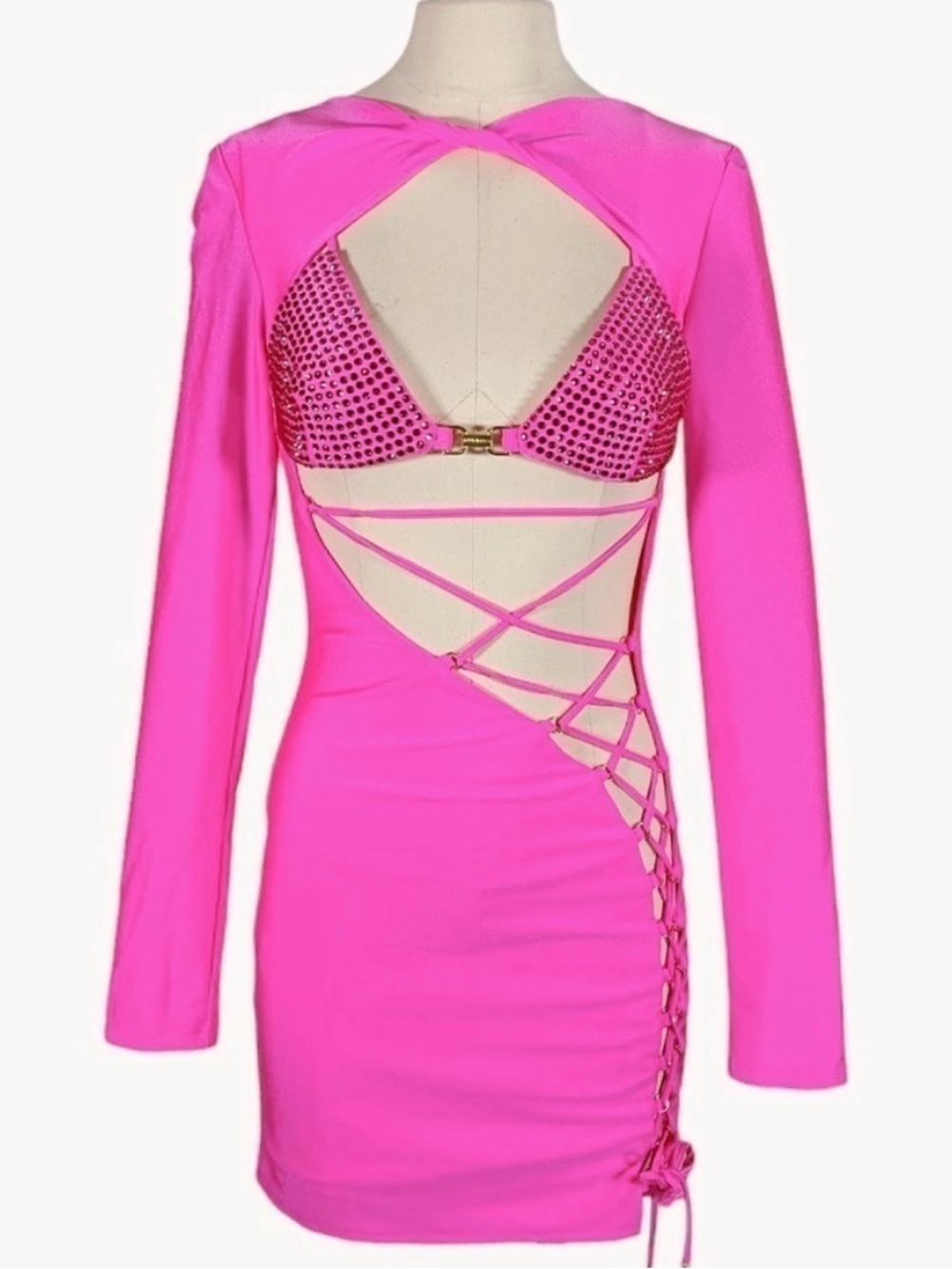 DUNDAS Neon Hot Pink Lace-Up Cutout Mini Dress
